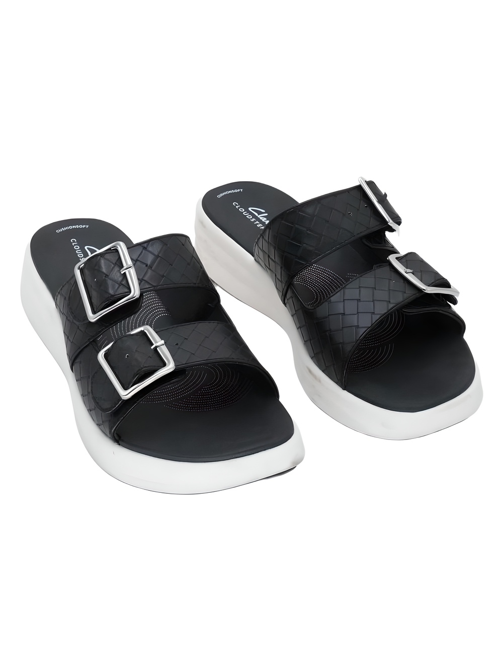 Clarks Merliah2 Belle Black Woven Double Buckle Wedge Slide Size 9M